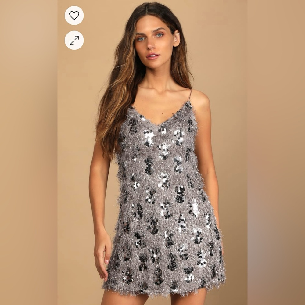 Star of the Night Grey Sequin Fringe Shift Dress NWT